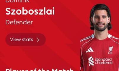 世界杯直播软件更新-任意球破门，索博斯洛伊当选利物浦vs热刺全场最佳球员